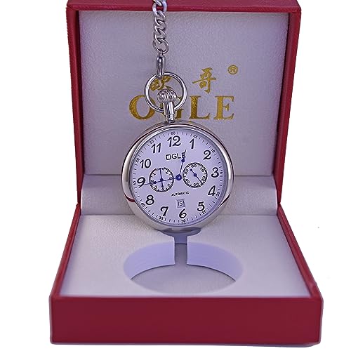 Image of OGLE 3ATM Waterproof Stainless Steel Energy Storage Display Day Calendar Large Size Fob Self Winding Automatic Skeleton Mechanical Pocket Watch