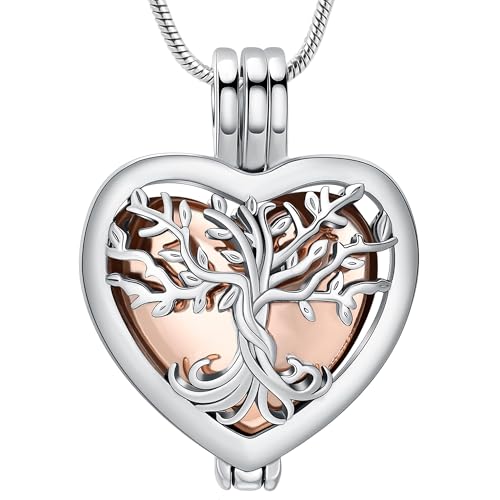 VCCWYQK Tree of Life Heart Urn Necklace for Ashes for Women Men Stainless Steel Cremation Jewelry Keepsake Memorial Lockets for Loved One Ash Holder