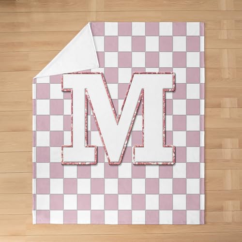 Image of Erosebridal Pink Initial M Fuzzy Plush Throw Kawaii Plaid Checkered Fleece Blanket Cute Personalized Monogram Flannel Blanket for Kids Girls,Fashion Grids Gingham Decor for Bed Couch Baby 30 inchx40 inch