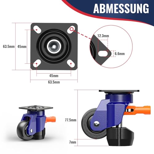 KOSTANZO Premium Nivellierrolle - Schwerlastrolle mit Ratschengriff - Gesamtkapazität 300kg - Gesamthöhe 77-84 mm - Industrierollen für Werkbank, Schwer Möbel