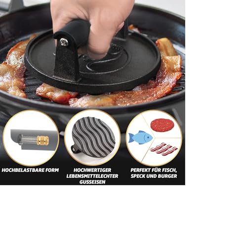 Foto von Gourmet Easy Burgerpresse Gusseisen antihaft | Großer Burger Smasher (Ø15cm) mit hitzeabweisendem Griff | Fleischbeschwerer für schmackhafte Hamburger & Smash Burger | Smash burgerpresse | Smasher