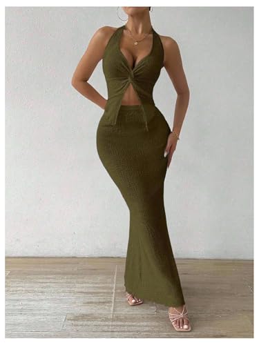 Image of SOLY HUX Women's Two Piece Outfits Twist Front Halter Cami Tops and Skirt Summer Set
