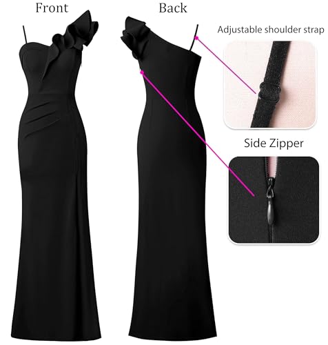Image of VFSHOW Womens Ruffle One Shoulder Strap Ruched Formal Prom Wedding Maxi Dress V Neck Elegant Split Cocktail Evening Long Gown