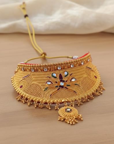 Image of Rajpooti Rajwadi Gold Plated Choker Necklace Set for Women with Matching Earrings | Traditional Bridal Wedding Jewelry | Ethnic Rajasthani Statement Necklace | Adjustable Dori Closure