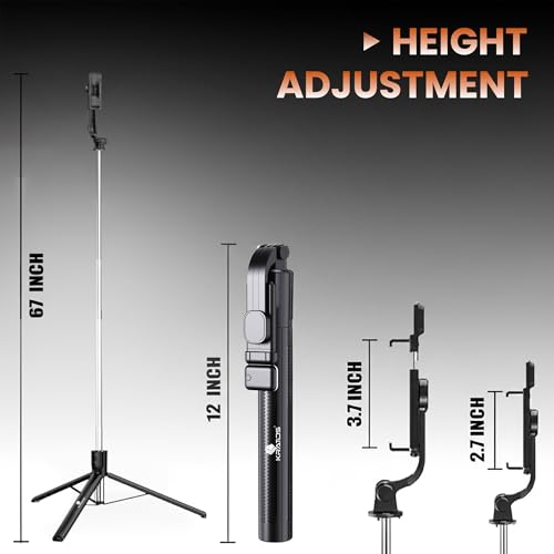 Image of Kratos K50 Selfie Stick Tripod with Light, 67 inch /170CM Reinforced Tripod for Mobile Phone,Multi-Functional Bluetooth Long Selfie Stick for Travel,Vlogging,Compatible with iPhone and All Smartphones