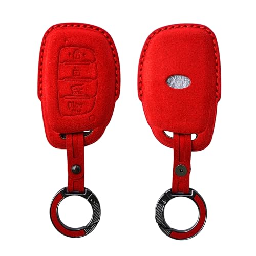 Image of KMH Alcantara Car Key Cover Compatible with Hyundai Alcazar Creta 2022 Venue i20 Tucson Elantra Smart keycover with Keychain 4 Button Shell Case Key Smart Keycover with Keychain (D2) Red - Pack of 1