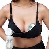 Supermom Tシャツ 授乳&ハンズフリー ポンピングブラ 固定パッド付き - 快適なマタニティ乳房ポンプブラ, ブラック(Midnight Black), 32H