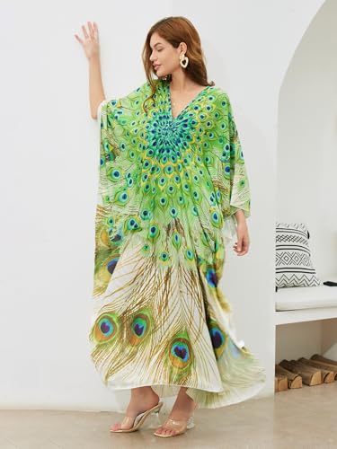 Image of KECVOT Kaftan Dresses for Women Embroidered Short Sleeve V-Neck Plus Size Caftan Bikini Swimsuit Cover-Up Long Beach Dress
