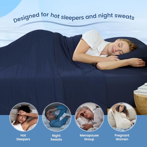 Image of Cozy Bliss Cooling Comforter King Size, Cooling Blankets for Hot Sleepers and Night Sweats, Dark Blue Summer Comforter for King Size Bed, Breathable Soft Lightweight Silk Smooth