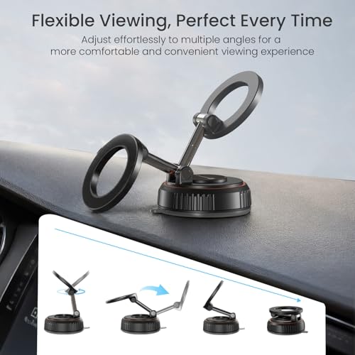 Image of Portronics Hold Y Magnetic Vacuum Suction Mobile Holder, Multiple Angle Adjustment, Retractable, Strong Magnetic Attachment, Compatible with iPhone & Android Phone for Car, Desk, Mirror, Glass(Black)