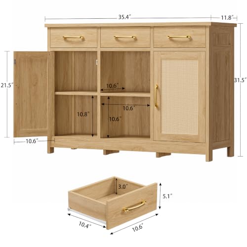 Image of Coffee Bar Cabinet with 3 Drawers, Farmhouse Buffet Cabinet | Kitchen Buffet Sideboard Cabinet with 2 Adjustable Shelves & 2 Doors, for Kitchen Room, Dining Room, Living Room, Nature