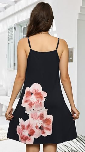 Image of elescat Womens Summer Dresses Spaghetti Strap V Neck Casual Sleeveless Sundress Beach Cover Ups with Pockets (Black Flower, L)