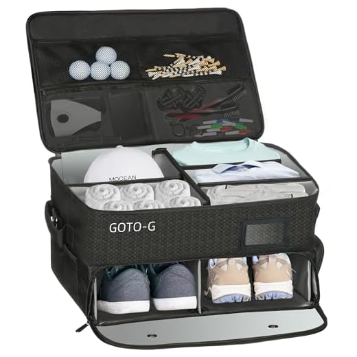 1GoTo-G Golf Trunk Organizer, Waterproof Double Partition Golf Trunk Storage for 2 Pair Shoes, Car Golf Locker for Golf Accessories, Balls, Tees, Clothes, Gloves, Golf Gifts (Black)