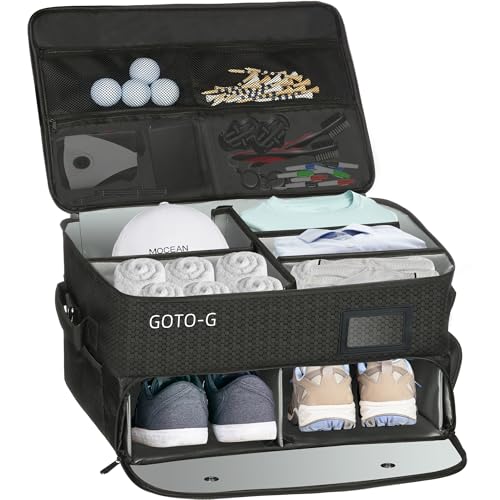1GoTo-G 3 Layer Golf Trunk Organizer for 2 Pair Size 13 Shoes, Large Capacity, Gifts for Men with Waterproof Separate Ventilated Storage for Accessories, Balls, Tees, Clothes, Gloves (Black)