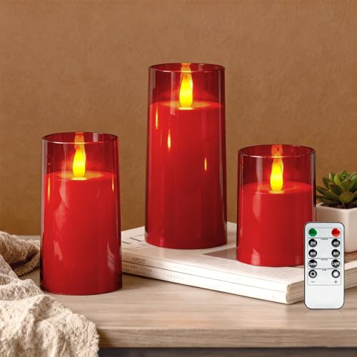 Raycare Flameless Battery Operated Pillar Candles with Remote Timer Red