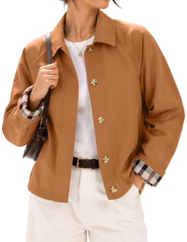 LOMON Womens Short Trench Jacket Plaid Lining Button Front Lightweight Classic Casual Outerwear with Pockets Red Brown L - image 1