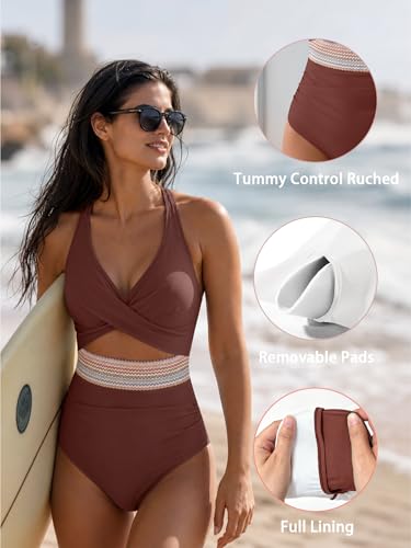 Image of B2prity Women's One Piece Swimsuit Tummy Control High Waisted Bathing Suit | Color Block,Removable Soft Cups,Cutout,V neck,Full Coverage,Adjustable Criss Cross Straps,Tie Back