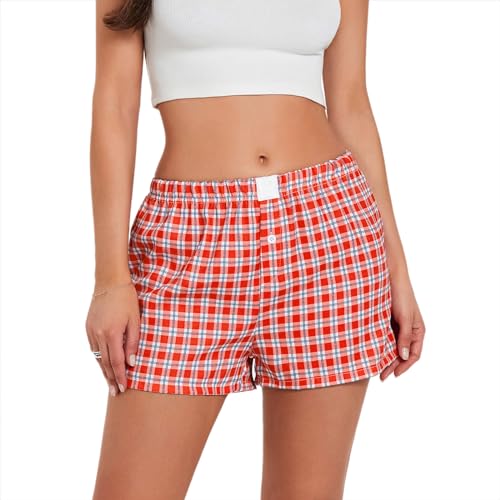 Image of Pivanzore Y2k Plaid Shorts for Women Casual Elastic Waist Aesthetic Lounge Bottom Baggy Pajama Shorts Boxers Sleepwear