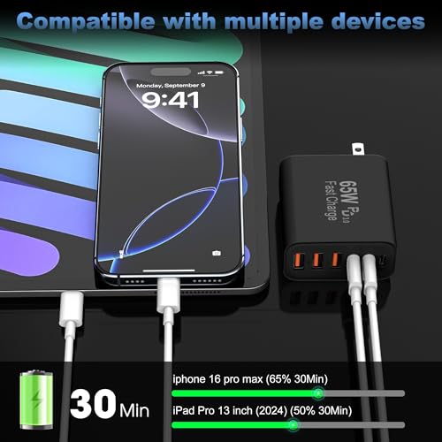Image of 65W USB C Charger Block,6-Port Multi Device Fast Charger PD QC Wall Adapter | GaN technology saves space and reduces heat,ideal for home,office,travel,wide compatibility for iphone and USBC devices(Black