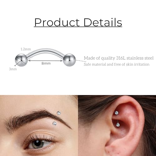 FECTAS 10PCS Eyebrow Rook Piercing Jewelry 16G Earrings Vertical Labret Lip Jewelry Curved Barbell Eyebrow Rings Tiny Small Belly Rings Ear Rook Helix Conch Daith Piercing Jewelry2