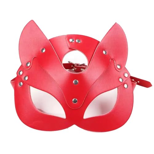 Photo de Correa Masque de Chat pour Femme, Demi-, Masque de Chat en Cuir, Masque d'oreilles de Chat, Costume de Cosplay de Remplacement Rouge