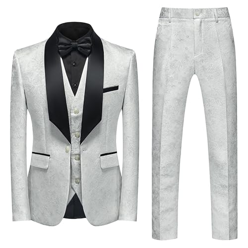 Mens Floral 3 Piece Dress Suit Paisley Jacquard Tuxedo Prom Wedding Suits Dinner Slim Fit Jacket Vest & Trousers