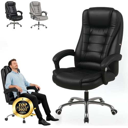 EveryKip Silla de Oficina Profesional con Respaldo Alto Negro – Sillón Acolchado y Reclinable, Cojín Lumbar, Altura Ajustable y Ruedas Silenciosas para Estudiar o Trabajar en Oficina y Casa Escritorio