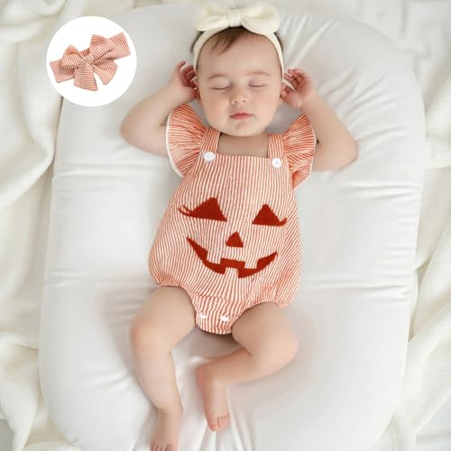 Newborn Halloween Outfit Infant Girls Pumpkin Smiling Face Embroidery Striped 1st Halloween Baby Girl Outfit3