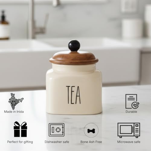 Image of Ceramic Tea Jar Container Airtight Kitchen Storage Containers with Wooden Lids - Handcrafted Ceramic Canisters for Countertop, Pantry & Home Decor - 600ml, Beige