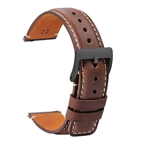 TStrap Leather Watch Band 18mm - Soft Brown Quick Release Watch Strap Replacement - Square Tail Smart Watch Bands for Men Women - Mens Watch Bracelet Black Clasp Buckle - 18mm 20mm 22mm