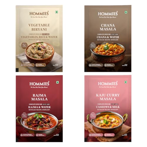Image of Hommies Mixed Curry Spice Combo (Pack of 4) | Vegetable Biryani, Chana /Chole Masala, Rajma Masala & Kaju Curry Masala | Ready to Cook | Just Add Basics | Serves 4 Each | Vegetarian | No Preservatives| Pack of 4 (50g Each, Total 200g) (Combo of 4-3)