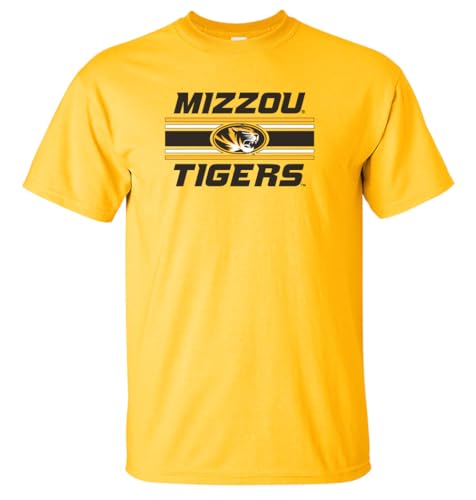 CornBorn Mizzou Shirt - University of Missouri Tshirt - Missouri Shirts for Men - Horiz Stripe Oval Primary - Gold - Large