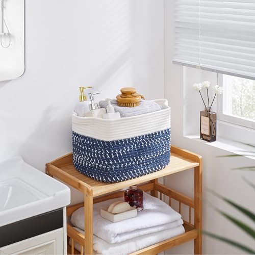 Image of OIAHOMY Cotton Rope Storage Baskets for Organizing White Blue 3-Pack