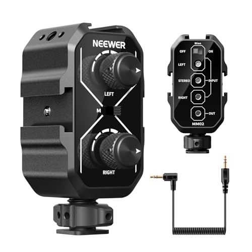 Neewer MM02 Dwukanałowy mikrofon adapter miksera audio z kablem TRS 3,5 mm, przełącznikiem stereo/mono, uchwyty na zimną stopkę do aparatu DSLR, smartfonów, bezprzewodowego odbiornika mikrofonu