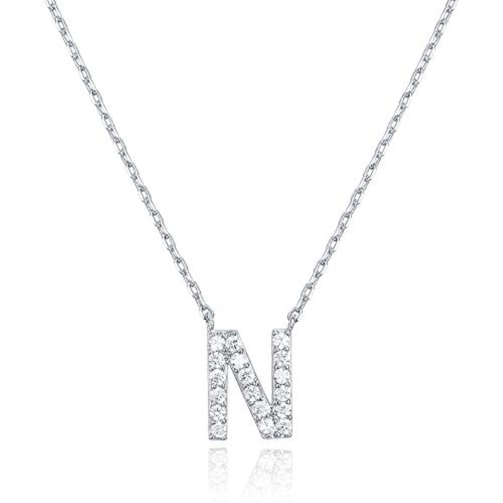 14K White Gold Plated Cubic Zirconia Initial Necklace | Letter Dainty Necklaces for Women