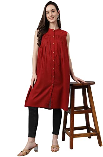 Image of Janasya Women's Maroon Dobby Cotton Solid Gathered Tunic