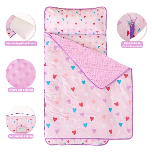Image of Viviland Toddler Kid Nap Mat for Preschool, Girls Heart Slumber Bag, Purple Daycare Mats with Pillow and Blanket, Kindergarten Mat