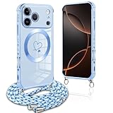 Pnakqil Handyband für iPhone 17 Pro Max Hülle mit Band, Kompatibel mit MagSafe, Handyhülle Ultra Dünn Silikon Magnetisch mit Herz Love Muster Schutzhülle mit um Umhängen Kordel, Stoßfest, Blau