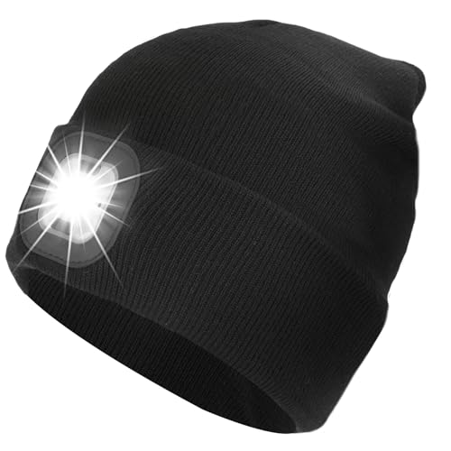 ZAPLIT LED Beanie Hat with Light USB Rechargeable Hands Free Headlamp 3 Light Modes Warm Knitted Cap Dog Walking Running Camping Gadgets for Men Dad Teens
