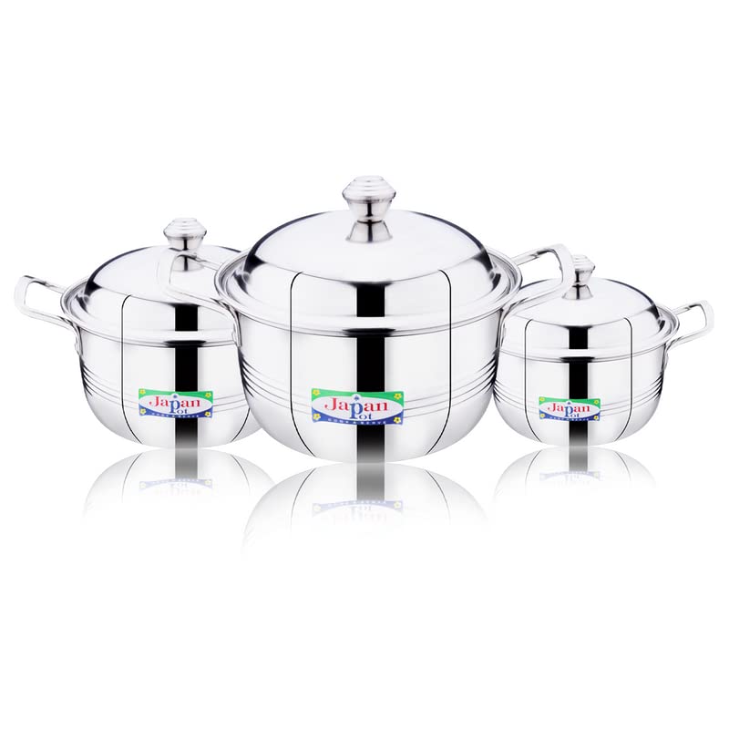EuroStyle Stainless Steel Jumbo Japan Pot cookware Set of 3 with lid - Capacity (4.5L, 6.5L & 7.75L) - Warantry 3 Years 1, Easy to wash (Stainless Steel) - Eurostyle_Jumbo_Japan_Combo3