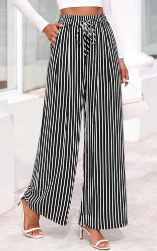 Image of PRETTYGARDEN Womens Pants Elastic Waist Floral Lightweight Palazzo Pants for Women Casual Lounge Wide Leg Pants Woman