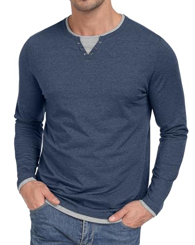 Hisir T Shirt Herren Henley Shirt Baumwolle Langarm Regular Fit Layered Kontrastfarbenes Design Casual T-Shirts für Herbst und Winter (Marineblau, L)