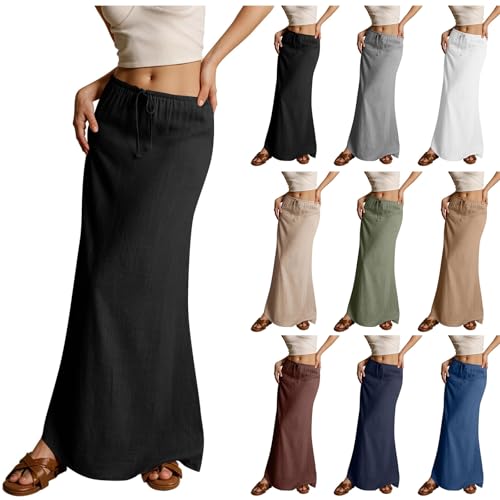 ZWRXW Linen Maxi Skirts for Women Cotton Linen Skirt Elastic Waist Drawstring Waist A Line Skirts Flowy Ankle-Length Skirt