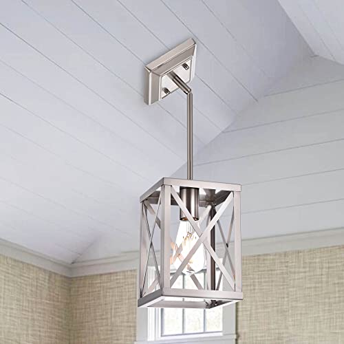 Melucee 1-Light Modern Pendant Light Lantern In Satin Nickel Finish, Farmhouse Light Fixtures Ceiling Hanging Mini Chandelier For Dining Rooms Kitchen Island Hallway #TOP2