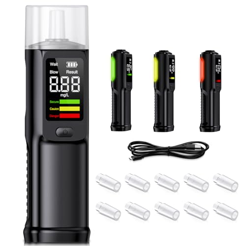 Ethylotest Electronique Homologué Alcootest Ethylometre : Professionnel Etiloteste Rechargeable Éthylomètre Haute Précision avec Affichage Numérique LCD - Portable Testeur d'alcool 10 Embouchures Noir