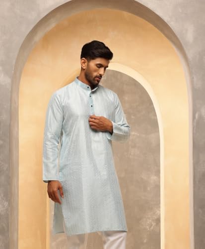 Image of SOJANYA (Since 1958 Men's Silk Blend Long Kurta with Subtle White Detailing | Traditional Ethnic Wear for Navratri