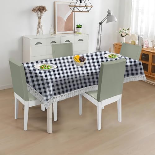 Image of The Furnishing Tree Waterproof PVC Rectangle Shaped 10 Seater Table Cover WxL 60x120 inches Gingham Pattern Black & White with White Border lace