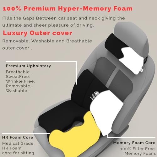 Image of MRRON Neckrest Back Support or Coccyx Orthopaedic Cushion for Long Sitting Universal fit with Ergonomic Design Made by High Density Memory Foam Used for Car or Office Chairs. (Black, Lumbar)
