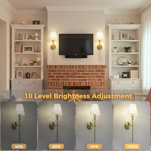 Image of DORESshop Battery Operated Wall Sconce Set of 2, 7 Color Wireless Wall Light Easy to Install, Sconce Wall Decor Set of 2 for Bedroom, Living Room, Fabric Linen Shade, Gold, 24.6in