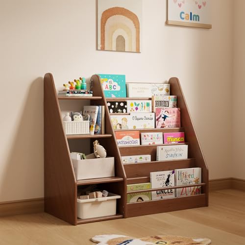 Image of Solid Wood Kids Bookshelf and Storage Organizer, 7 Layer Children Bookcase, Baby Toddler Wooden Book Shelf, Display Cabinet for Playroom, Bedroom, Classroom, Nursery, School, Walnut
